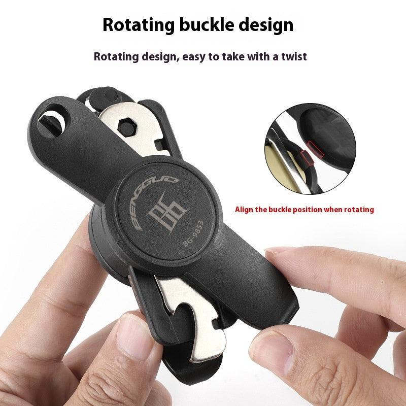 Herramienta de reparación de bicicletas con hebilla giratoria y llave combinada para reparación de neumáticos.