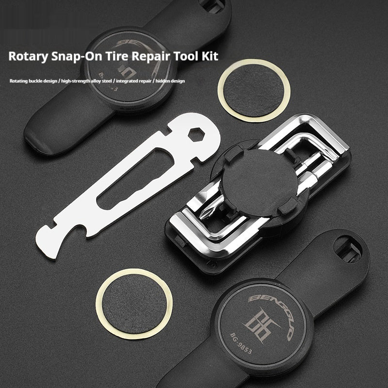 Herramienta de reparación de bicicletas con hebilla giratoria y llave combinada para reparación de neumáticos.
