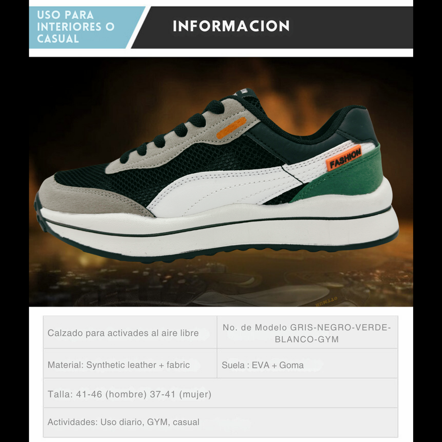 Tenis Gym, Running, Senderismo, Deportivos, Casuales Para Hombre (Verde-Gris-Negro)