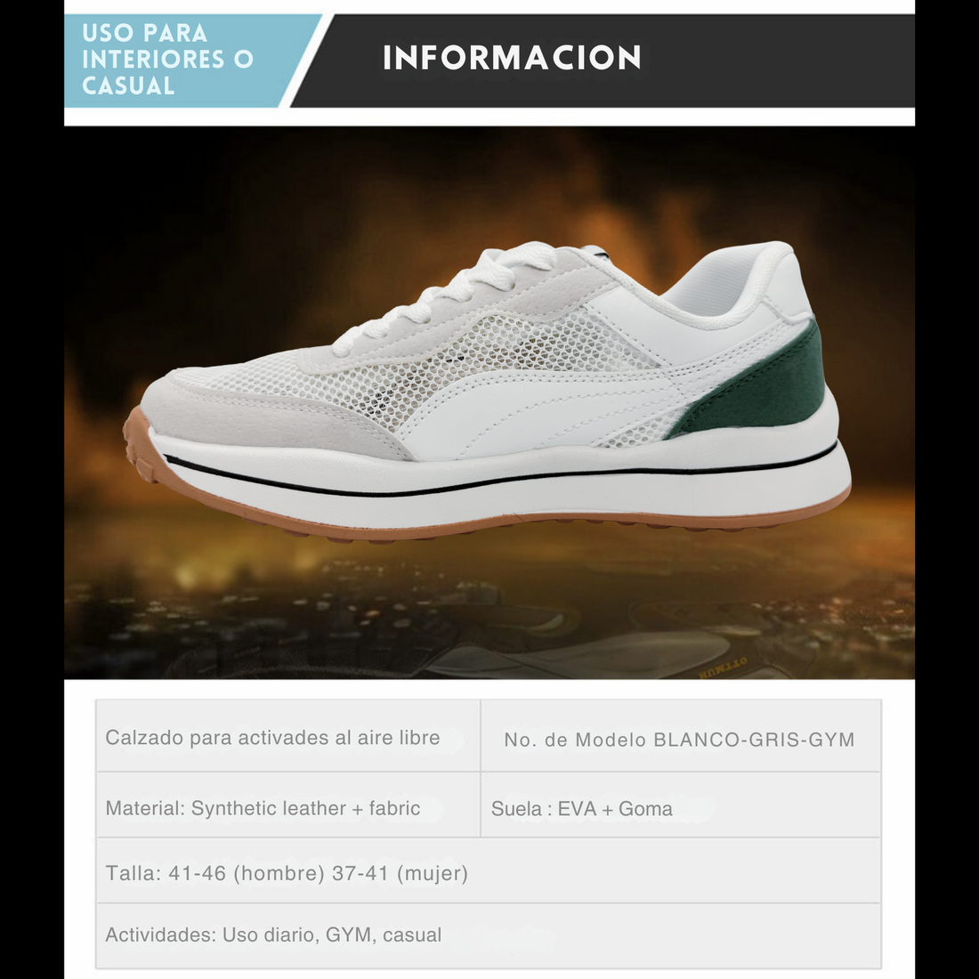 Tenis Gym, Running, Senderismo, Deportivos, Casuales Para Hombre (Blanco-Verde)