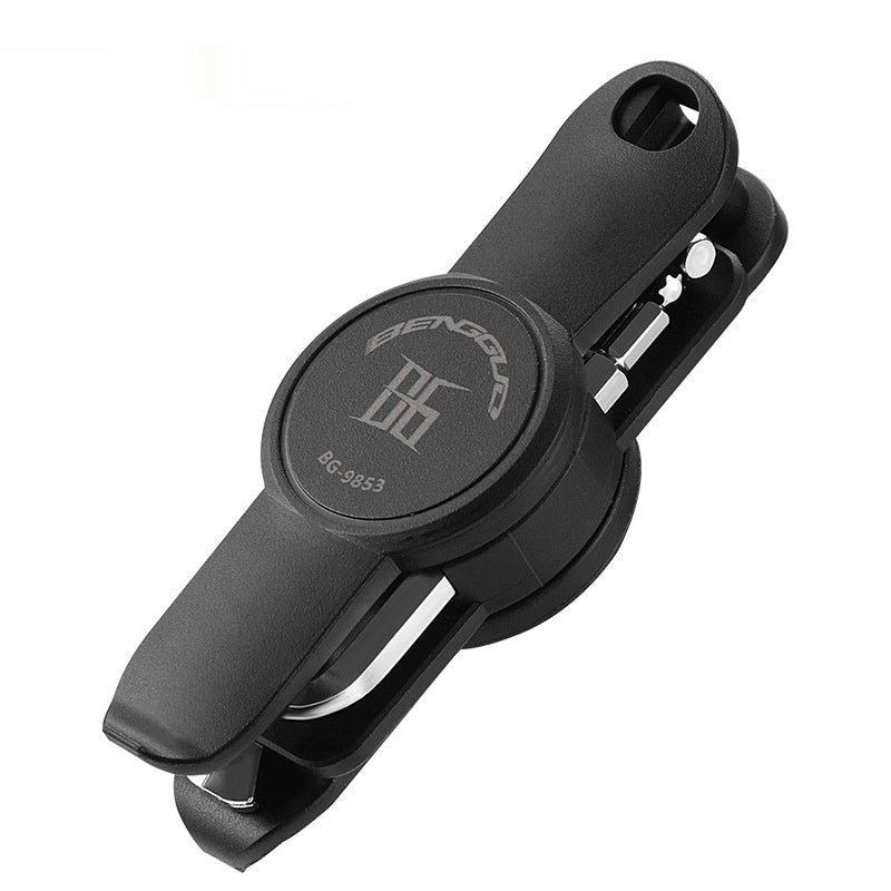 Herramienta de reparación de bicicletas con hebilla giratoria y llave combinada para reparación de neumáticos.