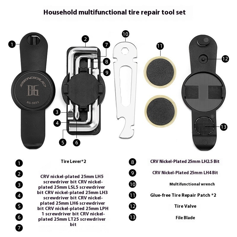Herramienta de reparación de bicicletas con hebilla giratoria y llave combinada para reparación de neumáticos.