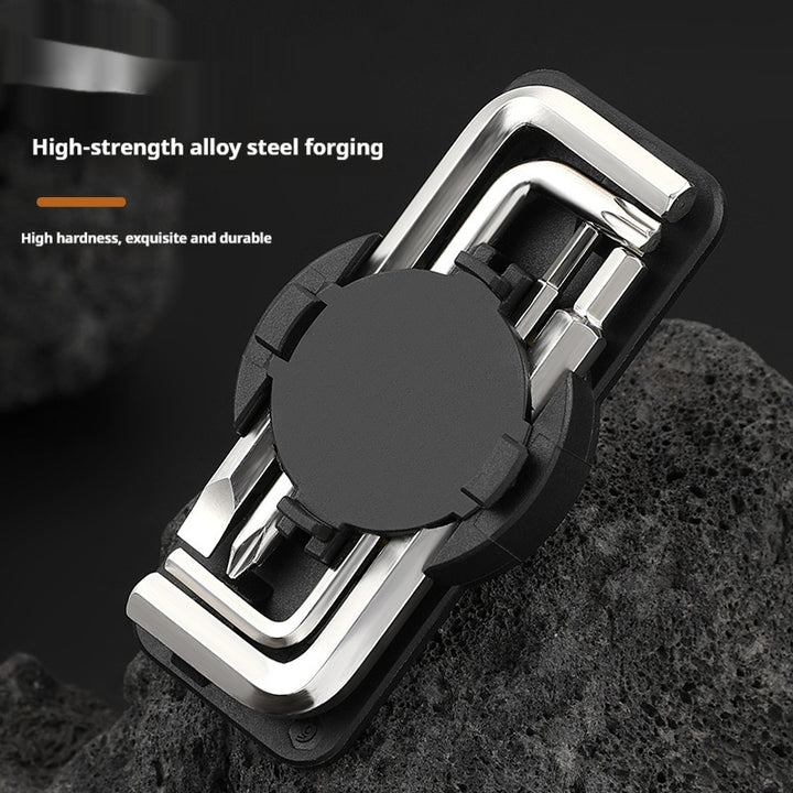 Herramienta de reparación de bicicletas con hebilla giratoria y llave combinada para reparación de neumáticos.